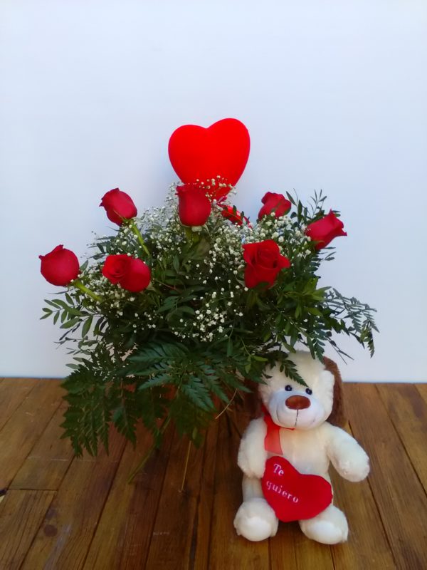 Amor - 6 +1 rosas rojas + corazón + peluche