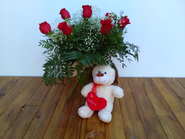 Caricia - Media docena de rosas rojas + peluche